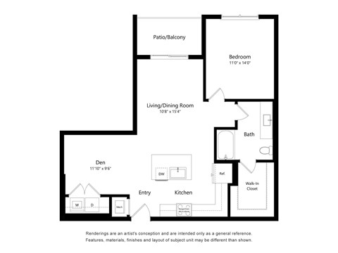 A floor plan of a home with a den, living room, kitchen, bathroom, and two bedrooms.